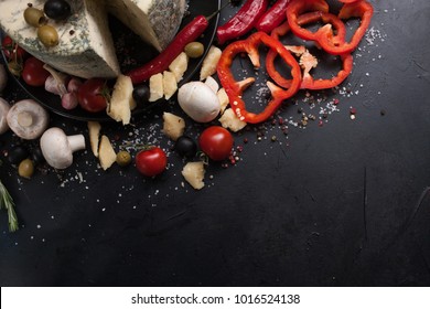 Food Photography Art. Gourmet Blue Cheese Vegetables Spices Assortment Mix Concept