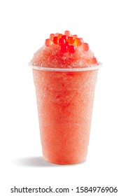 Food Photography Of Asian Drink Strawberry Slushie Slushy Frappe Bubble Tea With Boba Pearls In Clear Plastic Take Away Cup On White Background