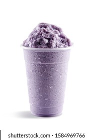 Food photography of Asian drink taro  slushie slushy frappe in clear plastic take away cup on white background