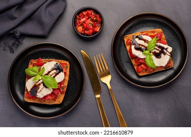 Food Photography Of Bruschetta, Toast, Cheese, Mozzarella, Tomato, Basil, Balsamic