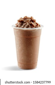 Food Photography Of Chocolate Slushie Slushy Frappe In Clear Plastic Take Away Cup On White Background