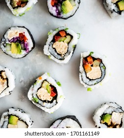 Food Photography, Close-up Pieces Of Sushi On White Marble