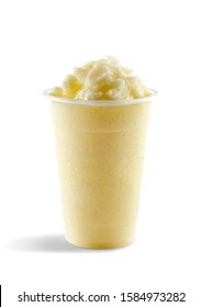 Food photography of piña colada slushie slushy frappe in clear plastic take away cup on white background