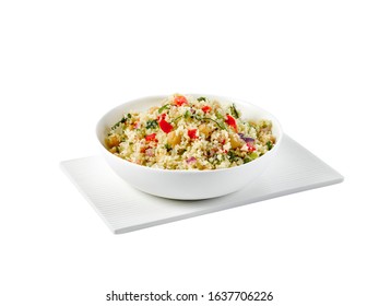 Food Photography Of A Couscous Salad With Capsicum (red Peppers), Chick Peas, Parsley And Red Onion In A White Bowl On A White Background