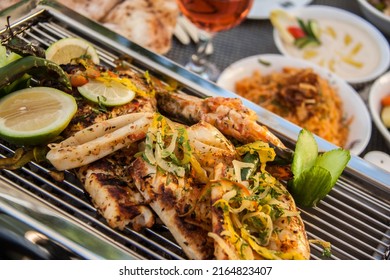 Food Photography, Egyptian Oriental Barbequed Sea food, Photo is selective focus with shallow depth of field. Shot taken at Cairo Egypt