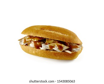 Food Photography Of Hot Chicken Roll With Gravy On White Background