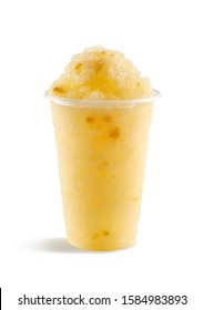 Food Photography Of Mango Slushie Slushy Frappe In Clear Plastic Take Away Cup On White Background