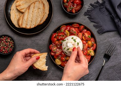 Food Photography Of Mozzarella, Cheese, Tomato, Bruschetta, Toast, Onion, Basil