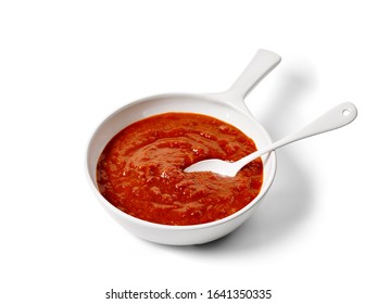 Food Photography Of Napolitana (marinara) Pasta Sauce In A White Pan With A Spoon On A White Background