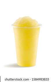 Food Photography Of Pineapple Slushie Slushy Frappe In Clear Plastic Take Away Cup On White Background