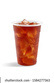 Food Photography Of Plastic Take Away Cup Of Iced Black Tea On A White Background