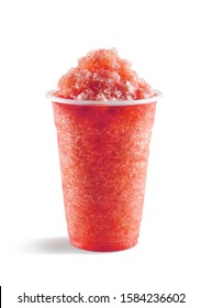 Food Photography Of Strawberry Slushie Slushy Frappe In A Plastic Cup On A White Background