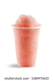 Food Photography Of Strawberry Slushy In Clear Plastic Take Away Cup On White Background