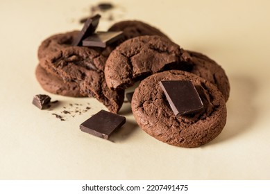 Food Photography of Sweet Double Chocolate Chip Cookies on Yellow Background Horizontal - Shutterstock ID 2207491475