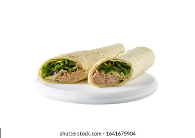 Food Photography Of A Tuna, Mayo And Lettuce Wrap On A White Wooden Board On A White Background