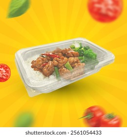 Food is placed in a clear white plastic tray.
placed in a yellow background and contains various vegetable ingredients
There are both red and green vegetables, very delicious to eat. - Powered by Shutterstock