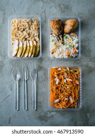 Food In Plastic Boxes, Daily Meal Plan Delivery Service. Fitness Food Cooked: Chicken With Rice, Pasta With Chicken, Carrot Salad. Vertical