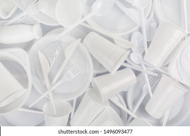 Food plastic on grey background. Concept of Recycling plastic and ecology. Plastic waste. Flat lay, top view