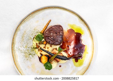 Food Plate Table Elegant Top View Close Up Meat Fish Gourmet Elegant Exclusive Fine Dine