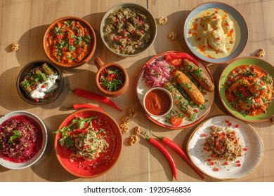 Food In Plates On The Table Top View. 