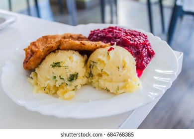 Food In Poland - Breaded Chicken Filet, Mashed Potatoes And Beets