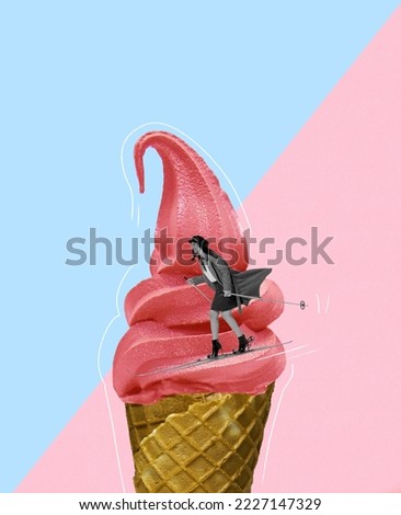 Food pop art photography. Contemporary art collage. Young woman skiing on delicious berry icecream. Surrealism. Winter holidays. Concept of creativity, degustation, retro style. Complementary colors.