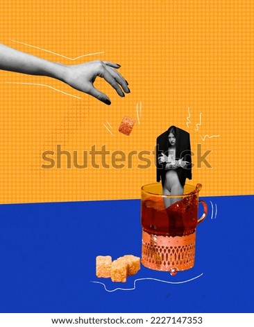 Food pop art photography. Contemporary art collage. Young woman standing inside cup of hot tea with sugar. Warming. Concept of creativity, degustation, retro style. Complementary colors.