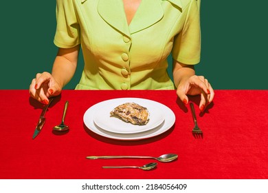 Food pop art photography. Cropped image of woman eating oyster on red tablecloth isolated over green background. French style. Vintage, retro style. Complementary colors, Copy space for ad, text