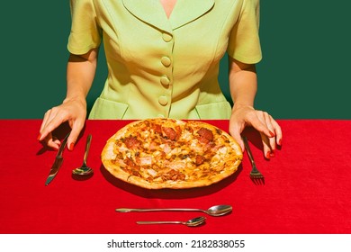 Food Pop Art Photography. Delicious, Fresh Baked Italian Pizza With Ham And Sausage On Red Tablecloth Isolated On Green Background. Vintage, Retro Style. Complementary Colors, Copy Space For Ad, Text