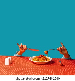 Food Pop Art Photography. Female Hands Tasting Spaghetti With Meatballs On Plaid Tablecloth Isolated On Bright Blue Background. Vintage, Retro Style Interior. Complementary Colors, Copy Space For Ad