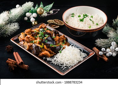 Food For pray Respect to predecessor in Chinese Culture and when Chinese new year Coming. Boiled Duck, Fried noodle and chinese stewed vegetables with rice for asian new year celebration - Shutterstock ID 1888783234