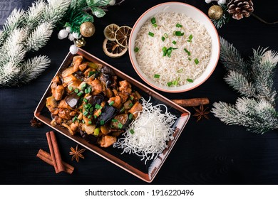 Food For pray Respect to predecessor in Chinese Culture and when Chinese new year Coming. Boiled Duck, Fried noodle and chinese stewed vegetables with rice for asian new year celebration - Shutterstock ID 1916220496
