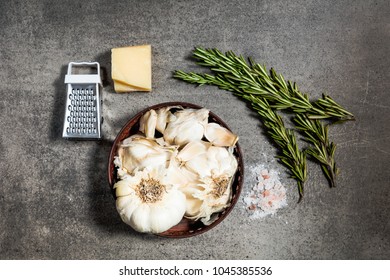 Food Prep On Concrete Table. Showing Ingredients And Tech For Your Blog. 