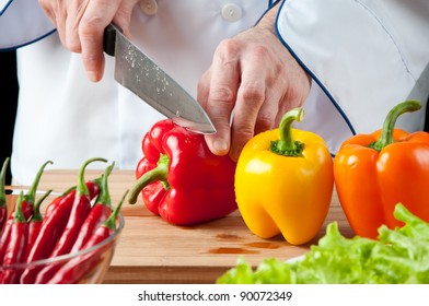 Food Preparation: Chef Cutting Bell Peppers, Studio Shot