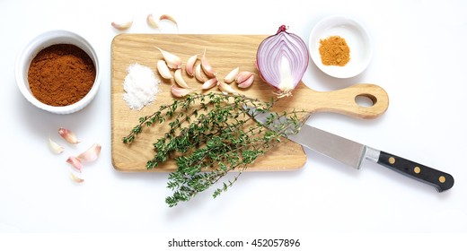 Food Preparation For Cooking A Casserole, Stew, Slow Cooker Or Crockpot Meal. Viewed From Above And Isolated On White.