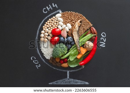 Food products good for health and planet, globe abstraction with greenhouse gases on chalkboard, planetary health diet concept 