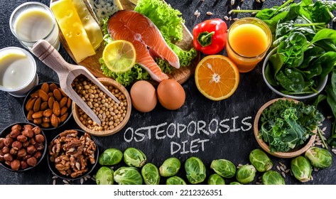 Food products recommended for osteoporosis and healthy bones. - Shutterstock ID 2212326351