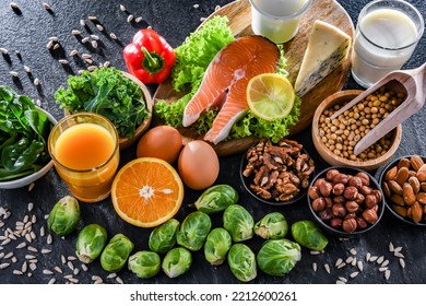 Food products recommended for osteoporosis and healthy bones. - Shutterstock ID 2212600261