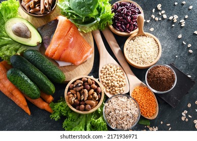 Food products recommended for stabilizing insulin and blood sugar levels. Diabetes diet - Shutterstock ID 2171936971