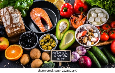 Food products representing the Mediterranean diet which may improve overall health status - Shutterstock ID 2223821697