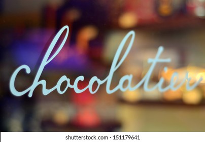 Food And Retail Image Of A Chocolatier's Window With Shallow Depth Of Field