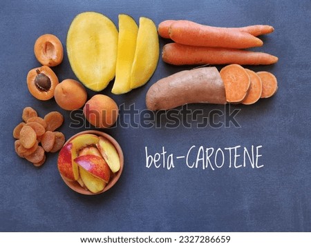 Food rich in beta carotene with text Beta Carotene. Various fruits and vegetables as natural sources of beta carotene. It is an organic red-orange pigment abundant in plants.