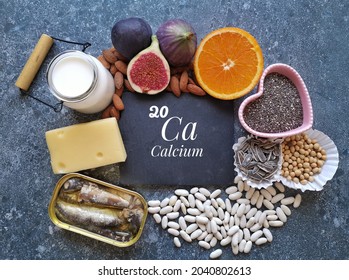 Food rich in calcium with the symbol Ca and atomic number 20. Natural products containing minerals, dietary fibers, and vitamins. Calcium high food. Healthy sources of calcium, healthy diet food.