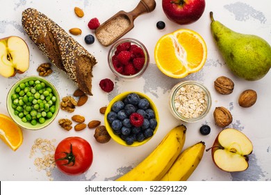 Food rich of fiber. Healthy food background. Diet or healthy lifestyle concept. Selective focus