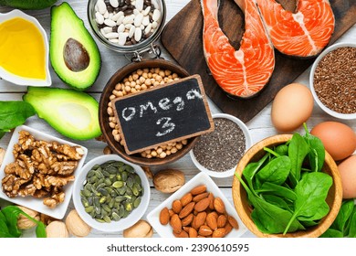 Food rich in omega 3 fatty acid and healthy fats. Healthy keto and low carb diet eating concept. top view