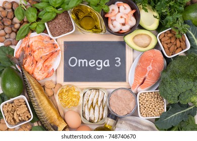 Food Rich In Omega 3 Fatty Acids, Top View With A Small Blackboard