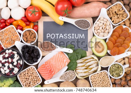 Food rich in potassium, top view with a small blackboard Stock foto © 