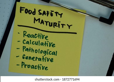 Food Safety Maturity Write On Sticky Notes With Keywords Isolated On Wooden Table.