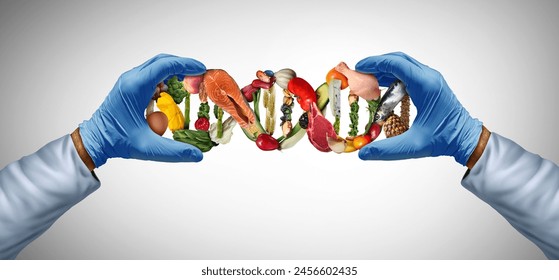 Food science and Balanced Diet genetic biology as Nutrition sciences as a nutritionist or scientist with nutrients with a food DNA strand as a dietary health concept for wellness.