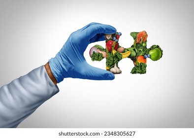 Food Science solutions as a nutritionist or scientist with nutrients and foods  as a solution solving a puzzle of nutrition and caloric intake as a dietary health concept for digestion fitness.